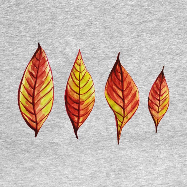 Four Red Yellow Watercolor Painted Autumn Leaves by Boriana Giormova